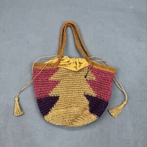 Zara Tote Bag Tan Yellow Pink Purple Woven Jute Basket Style‎ Handle Boho Beach